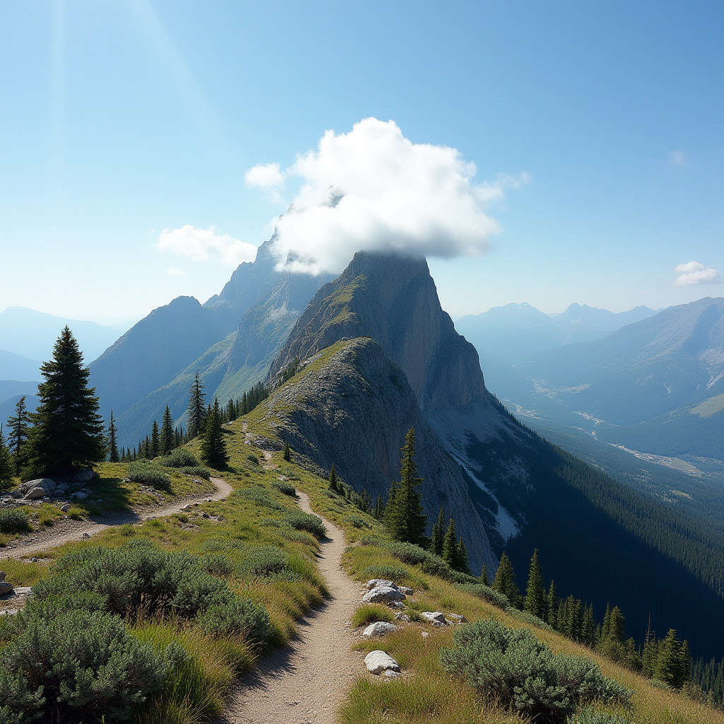 A winding path leads through a lush green alpine landscape, with a towering mountain partially shrouded in clouds.