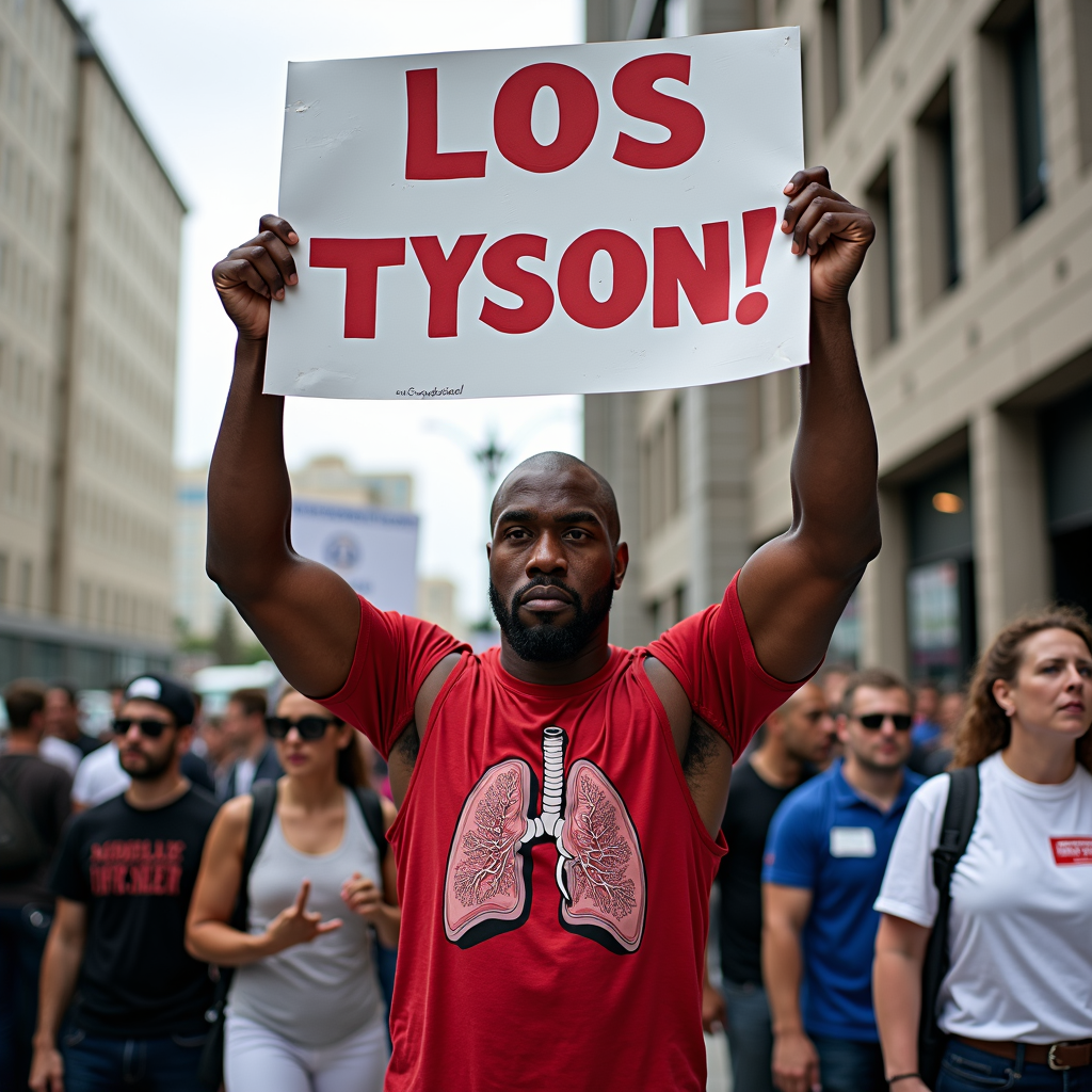 A man holds a sign reading 'LOS TYSON!' during a street protest with many people around.