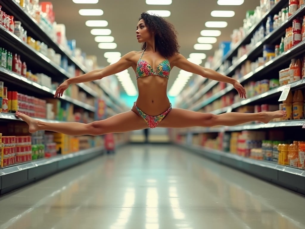 The image features a person performing an impressive split in a grocery aisle while wearing a colorful bikini. This dynamic pose showcases flexibility and athleticism. The brightly lit setting highlights the vibrant colors of the bikini and the surrounding products. Shelves lined with various grocery items create an engaging backdrop. The overall vibe is energetic and playful, making it suitable for fitness and fashion-related content.