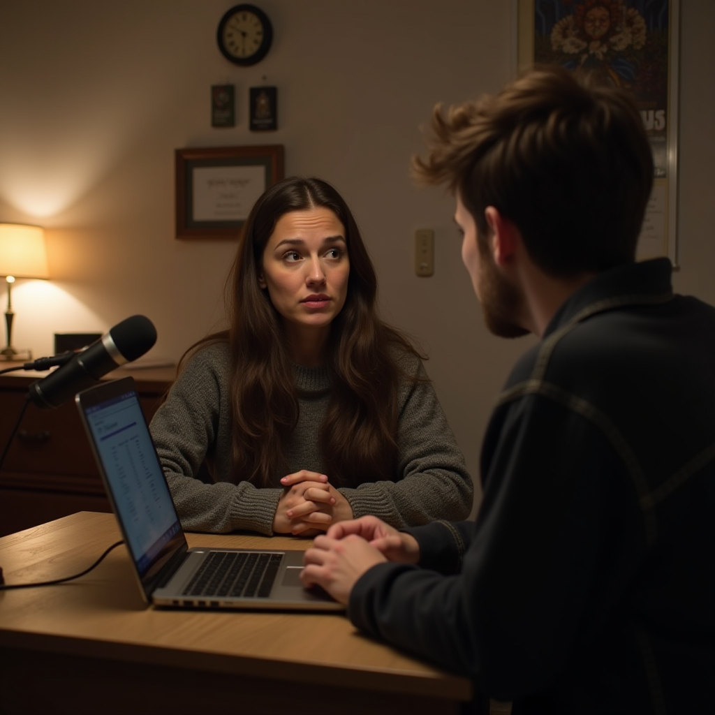 A woman and a man are engaged in a conversation at a wooden desk, with a microphone and laptop between them in a warmly lit room.