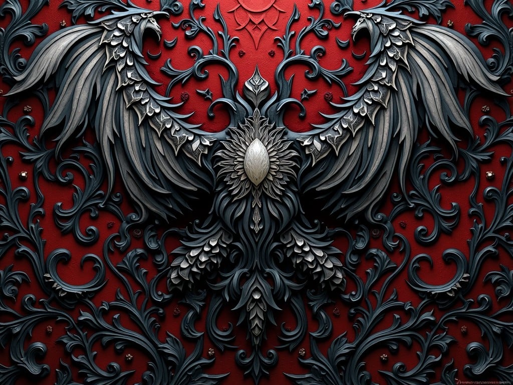 This image features a highly detailed, ornate phoenix carving set against a deep red background. The phoenix's wings are spread majestically, showcasing intricate feather patterns that swirl and interlace in an elaborate design. The rich contrast between the metallic tones of the phoenix and the vibrant red backdrop creates a sense of depth and grandeur, adding a regal and mystical quality to the overall composition.