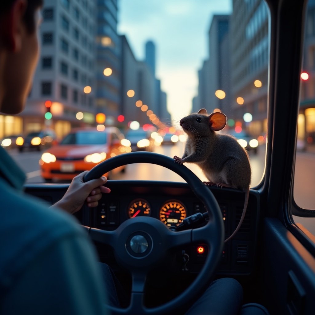 A mouse is seen driving a futuristic cyber truck through a bustling city street at dusk. The scene captures the mouse's intense focus as it grips the steering wheel, navigating among city traffic. The surroundings are filled with glowing city lights and a soft twilight atmosphere. In the background, there are blurred vehicles and streetlights illuminating the urban landscape. The image evokes a sense of adventure and humor, showcasing an unexpected animal character in a human-like situation.