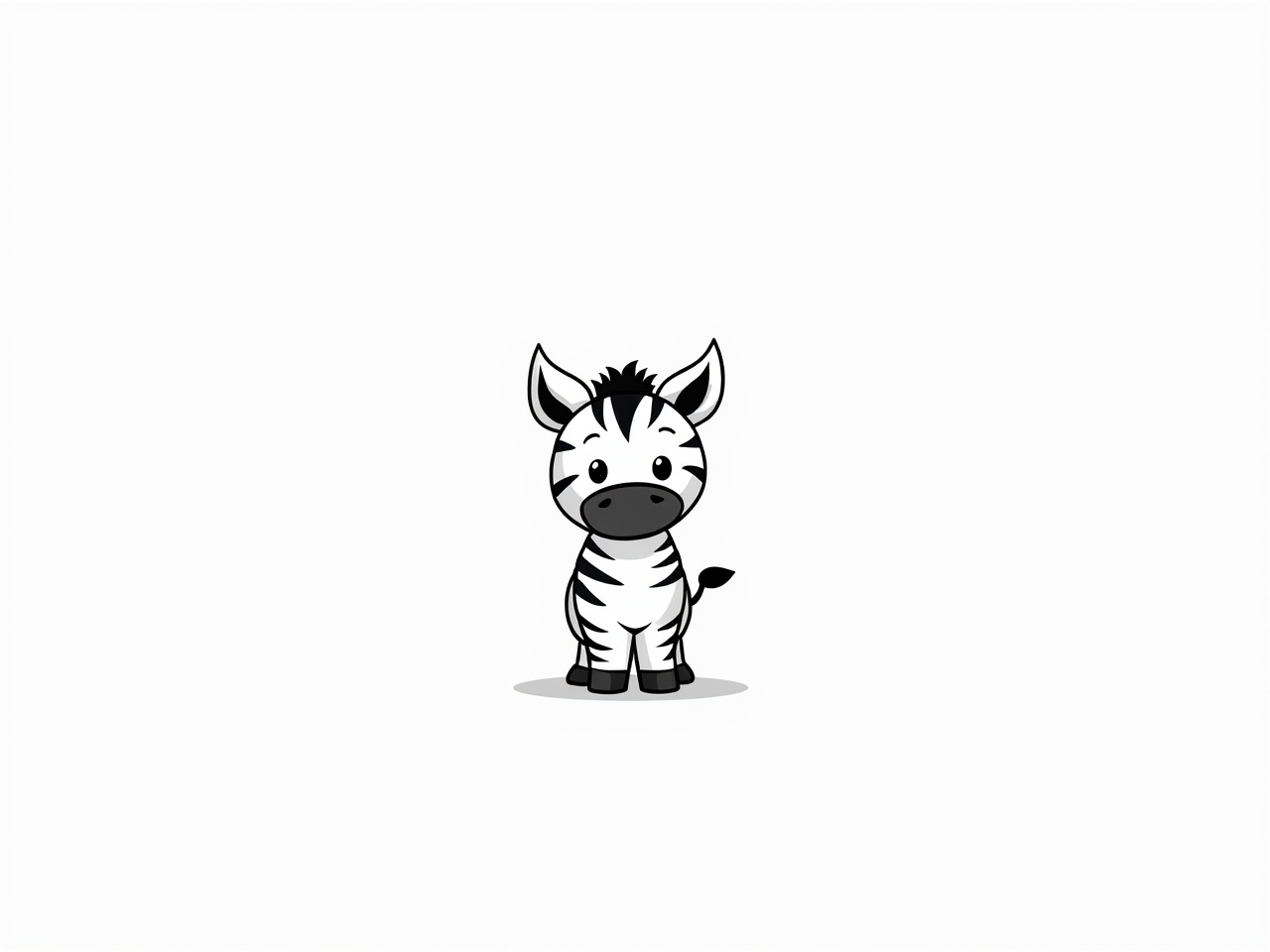 This image features a cartoon-style illustration of a cute baby zebra. The zebra is drawn in simple black lines against a plain white background. Its large, expressive eyes and slightly upturned mouth suggest a curious or friendly demeanor. This design appeals to children and could be used in various child-focused projects. The minimalistic design adds to its charm, making it suitable for educational materials as well.