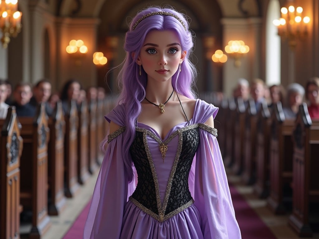 A 15-year-old medieval princess is walking gracefully down the aisle of a grand church. She has striking purple hair and captivating purple eyes, adding a magical vibe to her presence. Her outfit is a lavender silk medieval dress adorned with silver and black tones, emphasizing her royal status. The atmosphere is elegant, with soft lighting and a background of attendees watching her with admiration. This scene captures the enchanting essence of a fairy tale, filled with grace and charm.