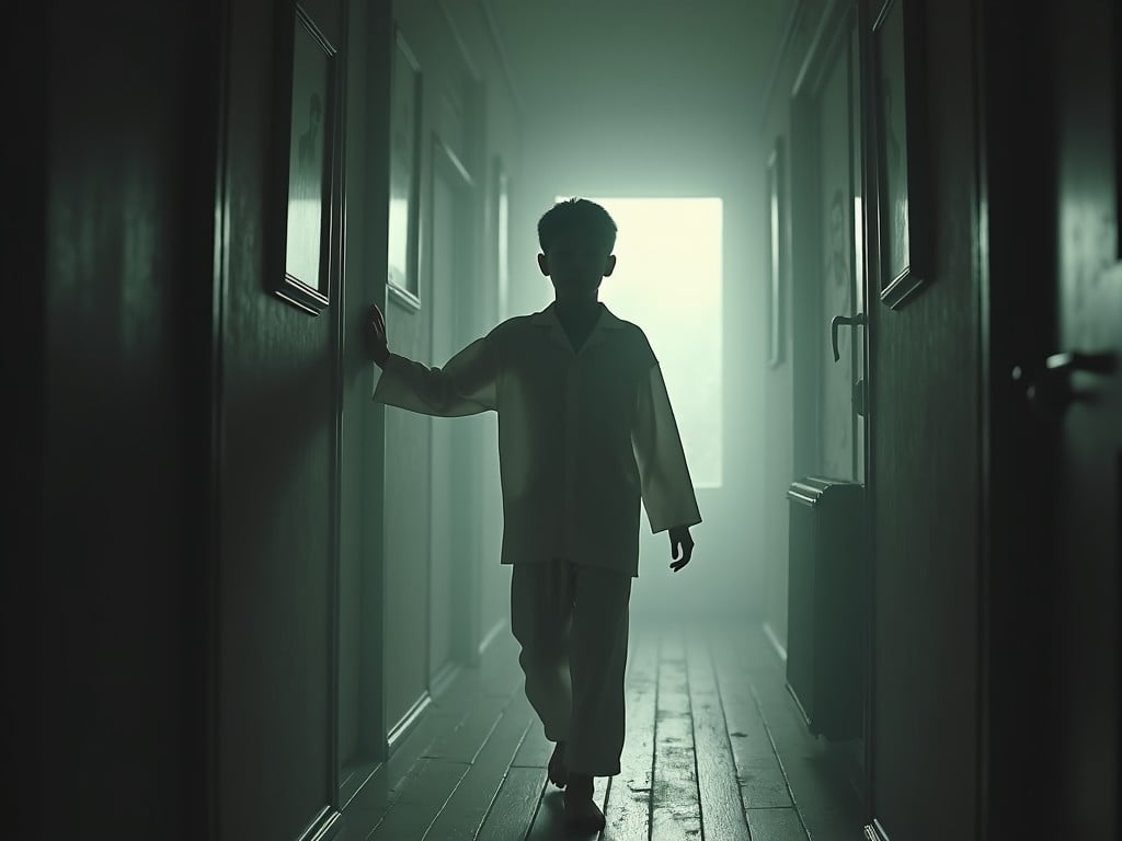 A teenage boy from the 1980s is depicted walking down a dim hallway. He wears loose white pajamas and moves slowly, almost dreamily. The air is thick and hazy, creating an ethereal atmosphere, and the light is pale and soft. Family portraits line the walls, adding a sense of nostalgia and eeriness to the scene. The wooden floor creaks under his bare feet, enhancing the haunting silence around him.