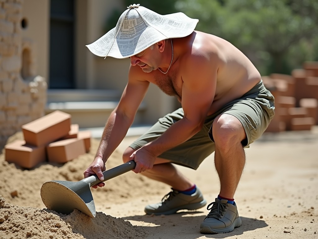 The image depicts a man, shirtless and wearing a hat made from folded newspaper, engaged in manual labor outside. He is shoveling sand, with bricks visible in the background, suggesting a construction site or DIY project. His makeshift hat serves as a whimsical and practical way to shield from the sun.