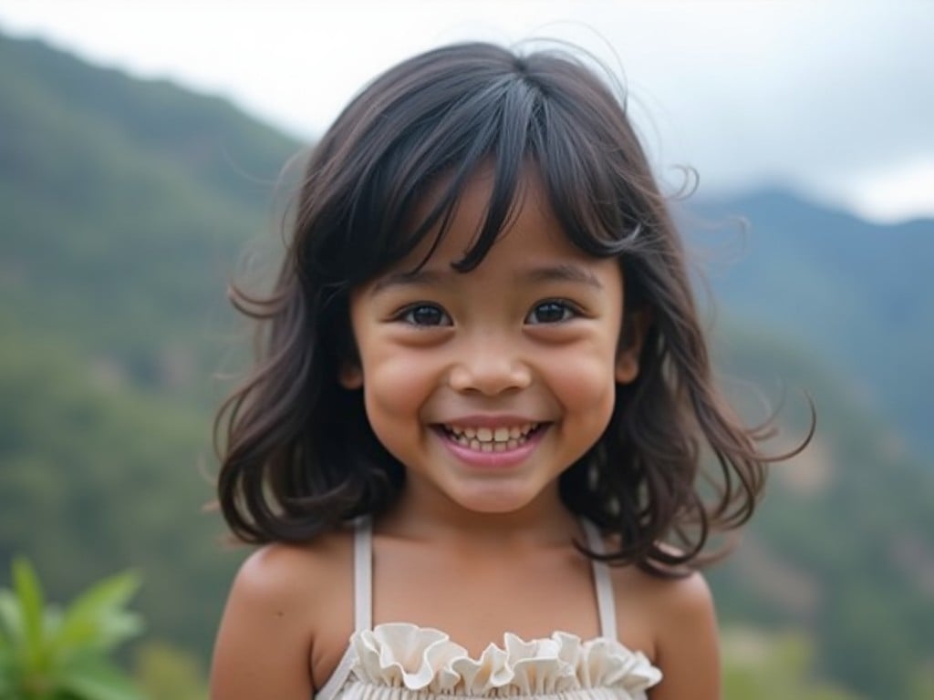 The image features a young girl with a bright smile, set against a scenic backdrop of hills and trees. Her hair is dark and wavy, framing her cheerful face. The child is wearing a light-colored outfit, which contrasts with the lush greenery behind her. The soft natural lighting enhances the warmth of her smile, creating an inviting and joyful scene. This portrait captures the essence of childhood happiness and exploration in nature.