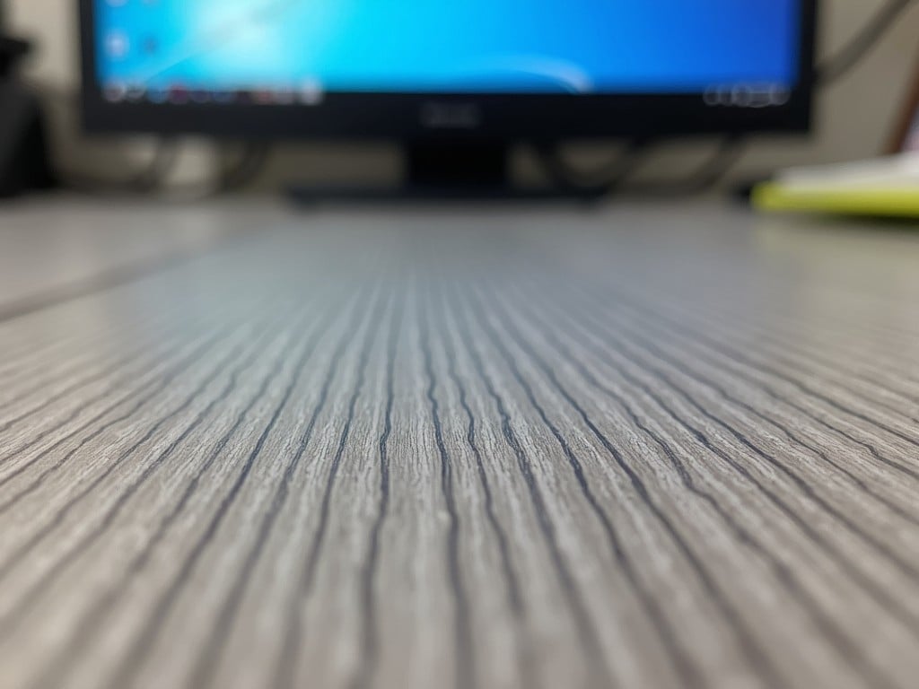 a close-up photo of a textured desk surface with a computer screen in the background, soft and even lighting