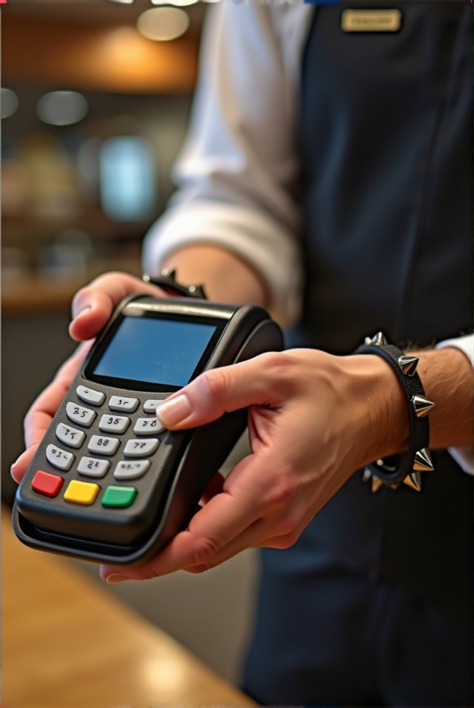 A person is holding a card payment machine, wearing a black spiked bracelet.