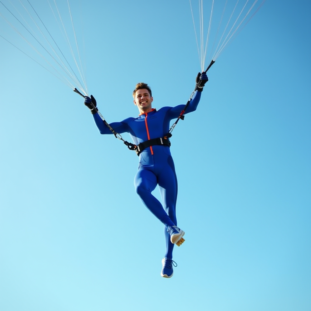 A person in a sleek blue jumpsuit, attached to parachute lines, is joyfully suspended in mid-air against a clear blue sky.