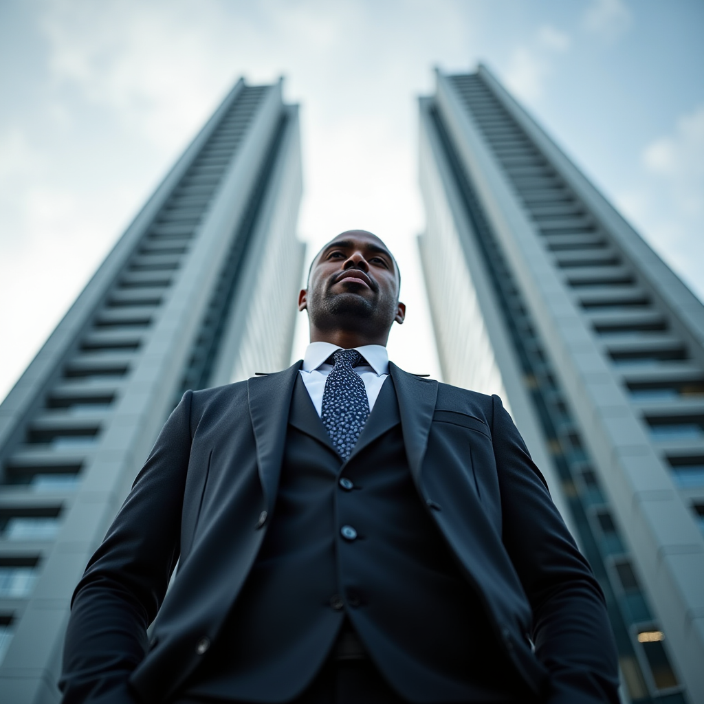 A confident person in a suit stands in front of two tall skyscrapers.