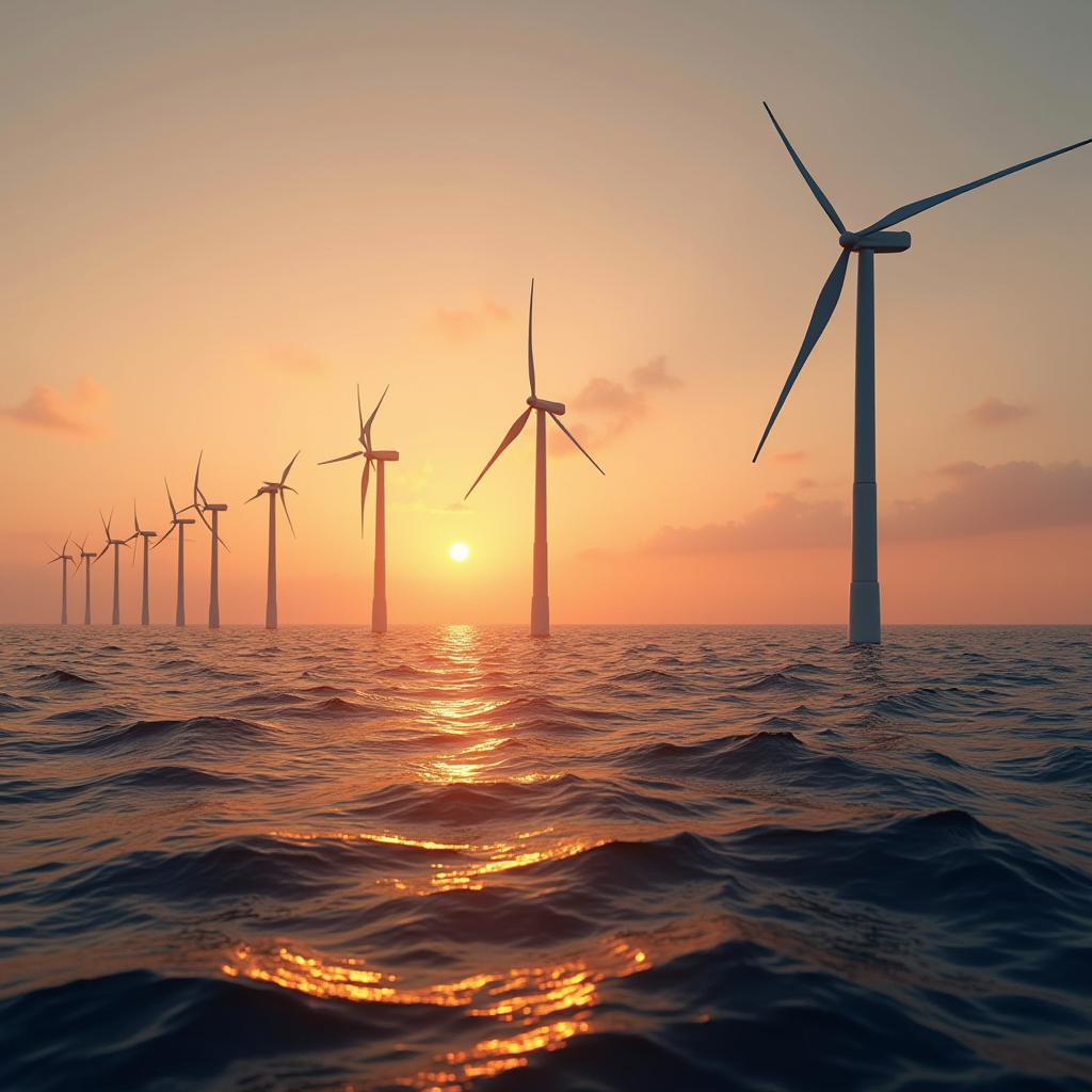 Rows of wind turbines stand majestically in the ocean against a stunning orange sunset sky, reflecting beautifully on the water.