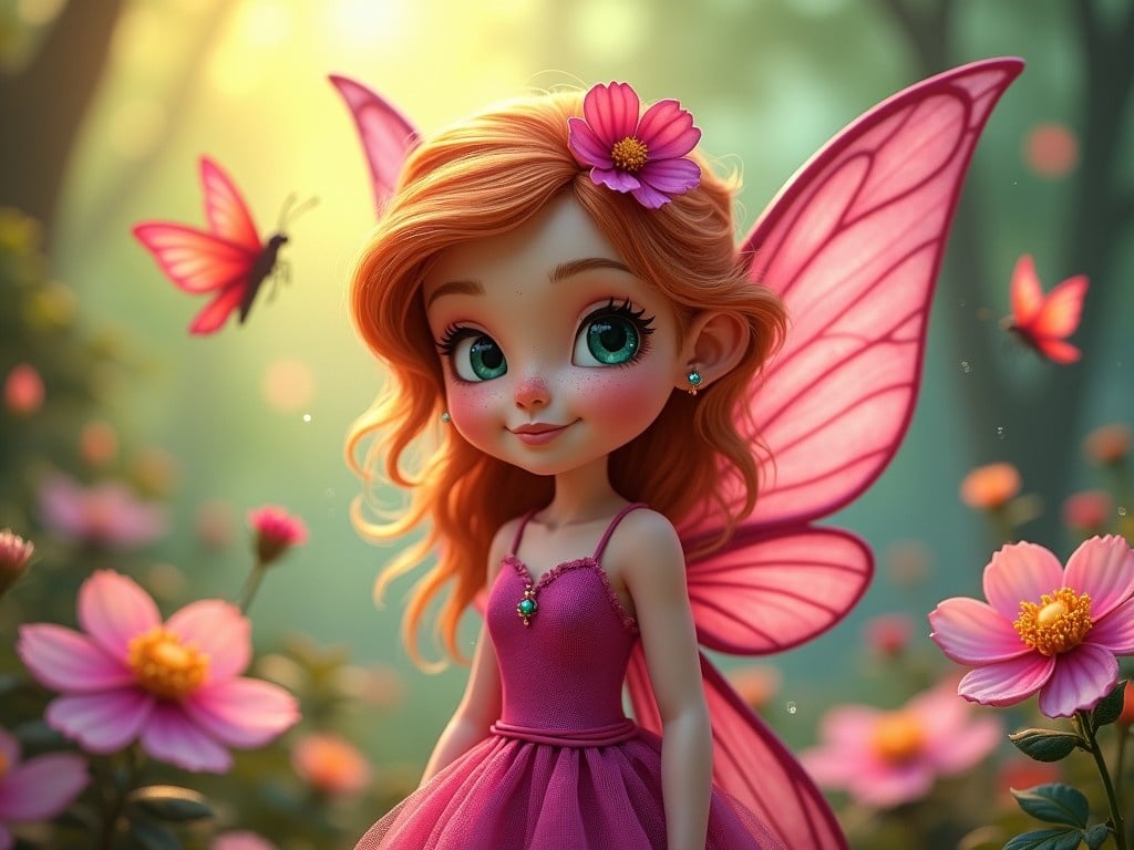 This image showcases an enchanting fairy character set in a vibrant natural setting. The fairy is adorned in a stunning magenta pink dress with delicate details, accentuated by her bright, cheerful expression and distinctive freckles. Surrounding her are colorful flowers and fluttering butterflies, creating a whimsical atmosphere. The soft, warm lighting enhances the magical ambiance, with golden rays illuminating her from behind. This charming scene evokes feelings of joy and wonder, perfect for enchanting storytelling or delightful decor.