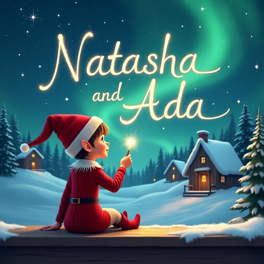 An elf sits on a wooden ledge with its back to the camera, gazing at a magical sky. The elf, dressed in a red outfit with a pointed hat, holds a sparkling wand. With the wand, the elf elegantly writes the names 'Natasha' and 'Ada' in the starry sky. The background features a snowy landscape with charming little houses and evergreen trees under the shimmering Northern Lights. This whimsical scene captures the essence of childhood magic and Christmas cheer.