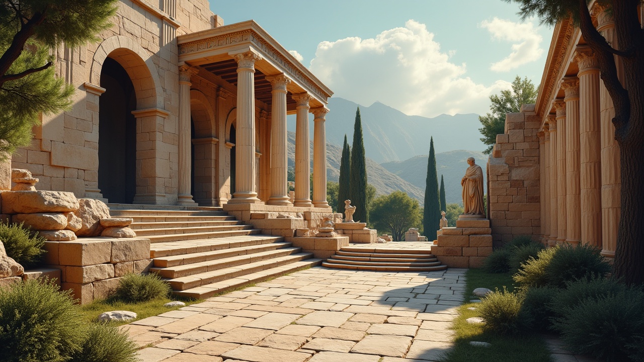 a serene scene of ancient Greek architecture with columns and statues, surrounded by lush greenery and mountains in the background, under a clear blue sky.