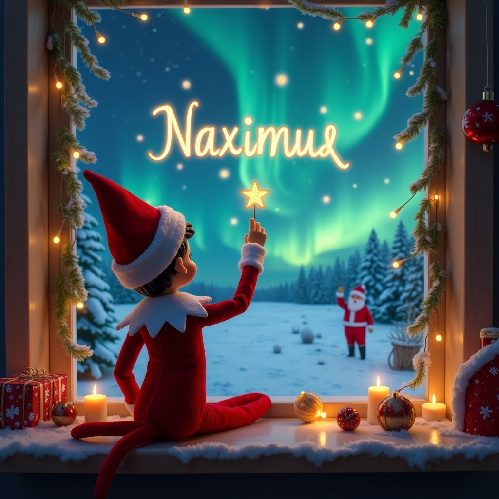 The scene features an elf on the shelf sitting with his back turned to the viewer. He is gazing at a sky filled with enchanting northern lights while using a magic wand to elegantly write names in glowing letters. In the background, Santa Claus is happily waving in a snowy landscape. Cozy holiday decorations adorn the windowsill, including candles and ornaments. The entire scene encapsulates the magic and joy of Christmas, creating a festive and captivating atmosphere.