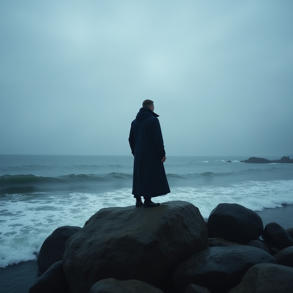 A solitary figure stands on a rock, gazing out at an overcast sea.