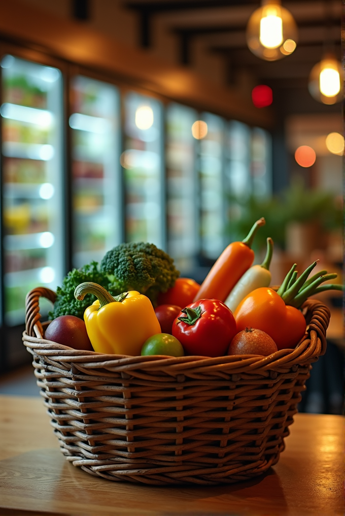 A wicker basket filled with colorful vegetables sits on a wooden table in a warmly lit room.