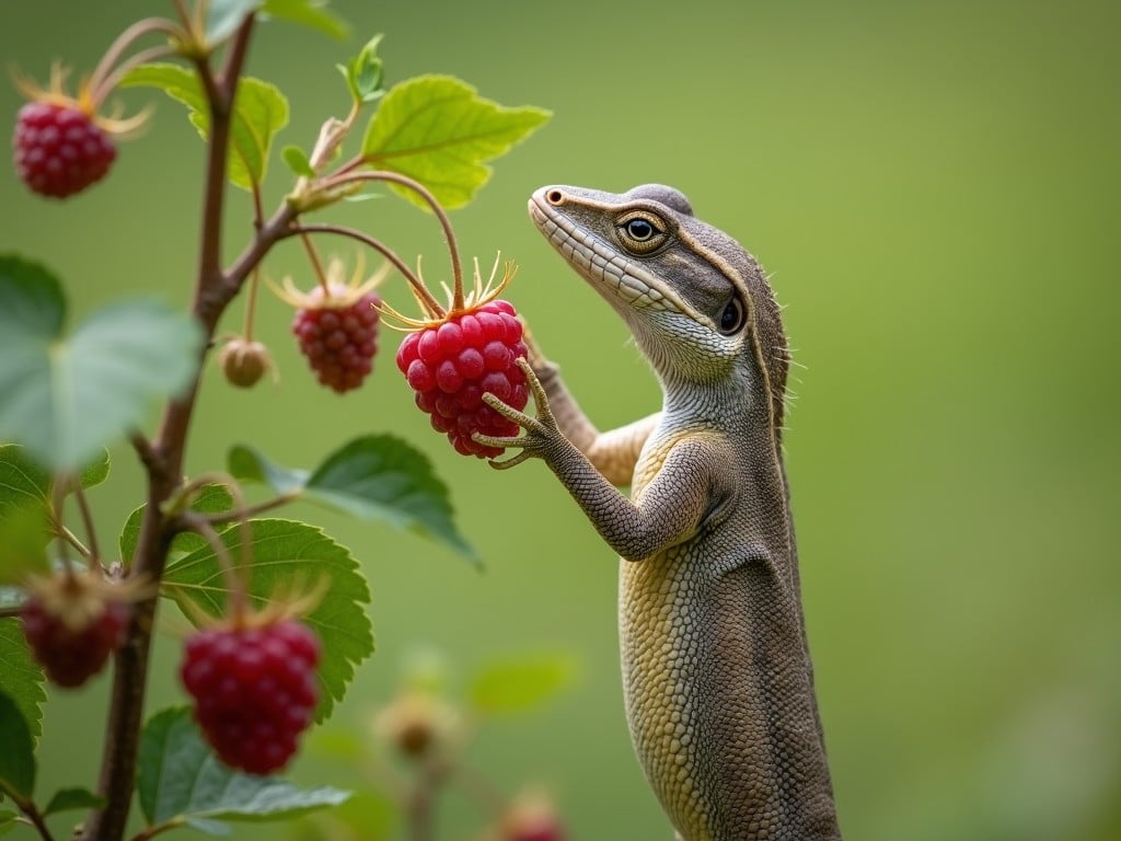 A captivating image of a lizard delicately holding a ripe raspberry, set against a soft, blurred green background. The reptile's textured skin contrasts with the smooth, vibrant surface of the berry, creating a visually arresting scene. The surrounding leaves and additional berries add depth and context to the shot, highlighting the lizard's curious interaction with its environment.