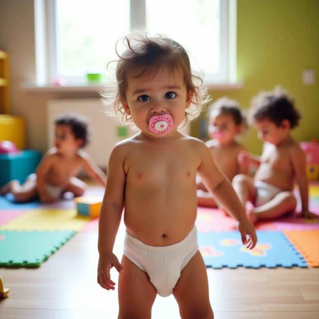 The image features a vibrant daycare environment filled with light. In the foreground, a three-year-old girl stands with a pacifier, wearing a full diaper. She exudes innocence and curiosity. In the background, other children are happily engaged in different playful activities, also in diapers. The space is adorned with colorful mats and toys, enhancing the cheerful atmosphere. The overall scene captures youthful energy and moments of joy from toddlers at play.