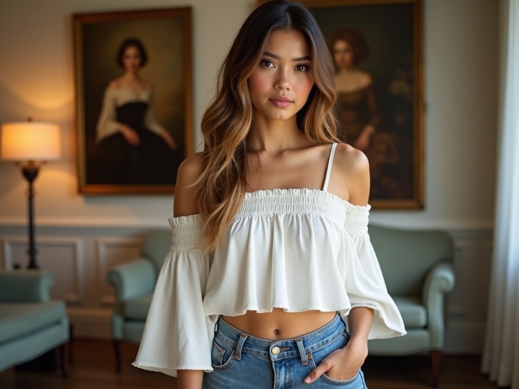 The image portrays a woman in an elegantly casual outfit, consisting of a white, off-shoulder top and denim shorts, standing confidently indoors. She stands in front of vintage portraits, which hint at a sophisticated ambiance. The warm lighting creates an inviting atmosphere, highlighting her features and the textures of her attire. The setting suggests a blend of modern fashion with classic art. It's a scene that evokes both elegance and comfort, perfect for fashion and lifestyle narratives.