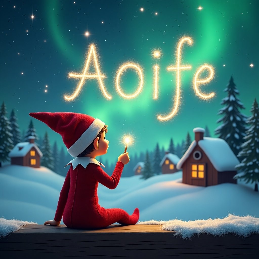 An elf sits on a wooden ledge with its back to the camera, gazing at a magical sky. The elf, dressed in a red outfit with a pointed hat, holds a sparkling wand. In the background, a snowy landscape features charming little houses and evergreen trees under the shimmering Northern Lights. This whimsical scene captures the essence of childhood magic and Christmas cheer. The elf elegantly writes the name 'Aoife' in the starry sky.