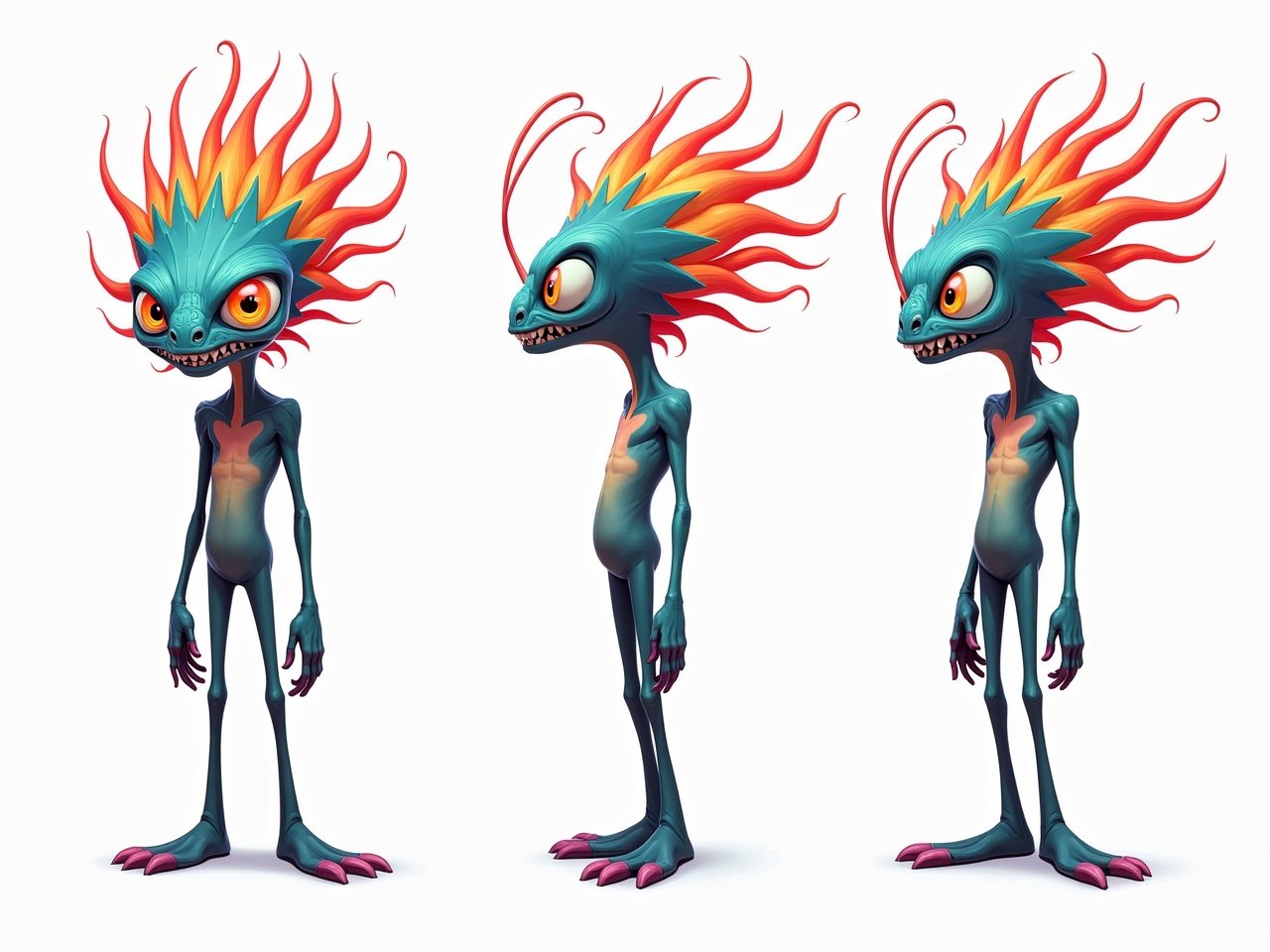 This image showcases a full-body character sheet of a chaotic alien named Jeff. Jeff features neon-colored, spiky tentacle-like hair and large swirling eyes that convey a mischievous expression. He is designed with vibrant, cosmic colors that enhance his intense, otherworldly look. The character is displayed from multiple angles: front view, side view, and back view. Different facial expressions, such as surprised, angry, and mischievous, highlight his playful character. The background remains plain to keep the focus solely on Jeff's unique details.