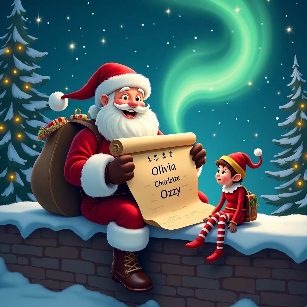 In a cozy winter scene, Santa Claus is sitting on a ledge with a joyful expression. He is holding a scroll that features the names Olivia, Charlotte, and Ozzy, as the northern lights swirl in the night sky. An elf sits beside him, adding a playful element to the scene. Christmas decorations are visible, enhancing the festive atmosphere. The background features snow-covered trees and a whimsical sparkle in the air, suggesting a magical holiday evening.