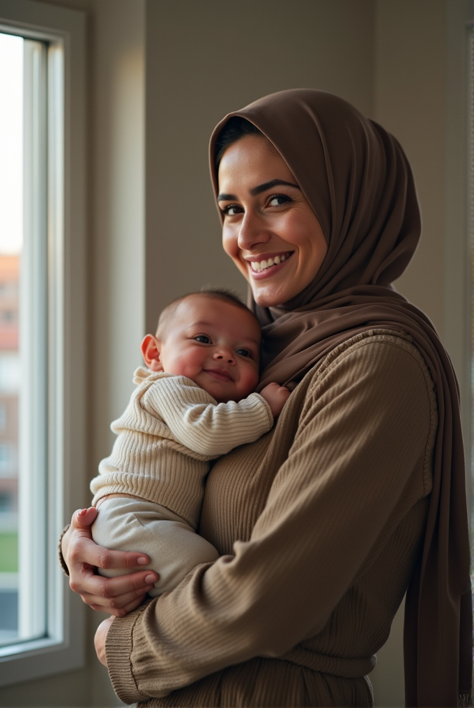 A woman in a brown hijab lovingly holds a smiling baby near a window.