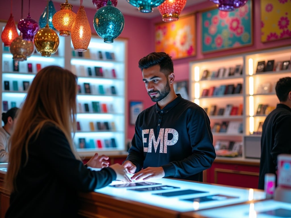 A vibrant smartphone store with colorful decor, where a customer and employee are engaged at the counter.