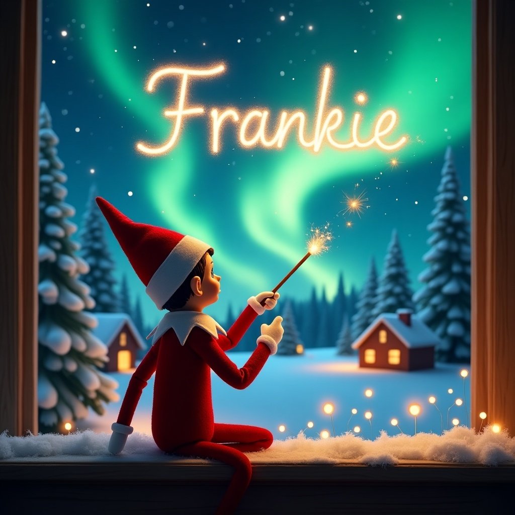 The image features an elf on the shelf with his back facing the viewer, gazing up at the night sky. He holds a wand, creating sparkles that spell out the name 'Frankie' in the air. The background is filled with a magical Christmas scene, showcasing the stunning Northern Lights that illuminate the landscape. Cozy houses dot the snowy ground, adding to the enchanting atmosphere. A sense of wonder pervades the scene, perfect for capturing the essence of holiday magic.