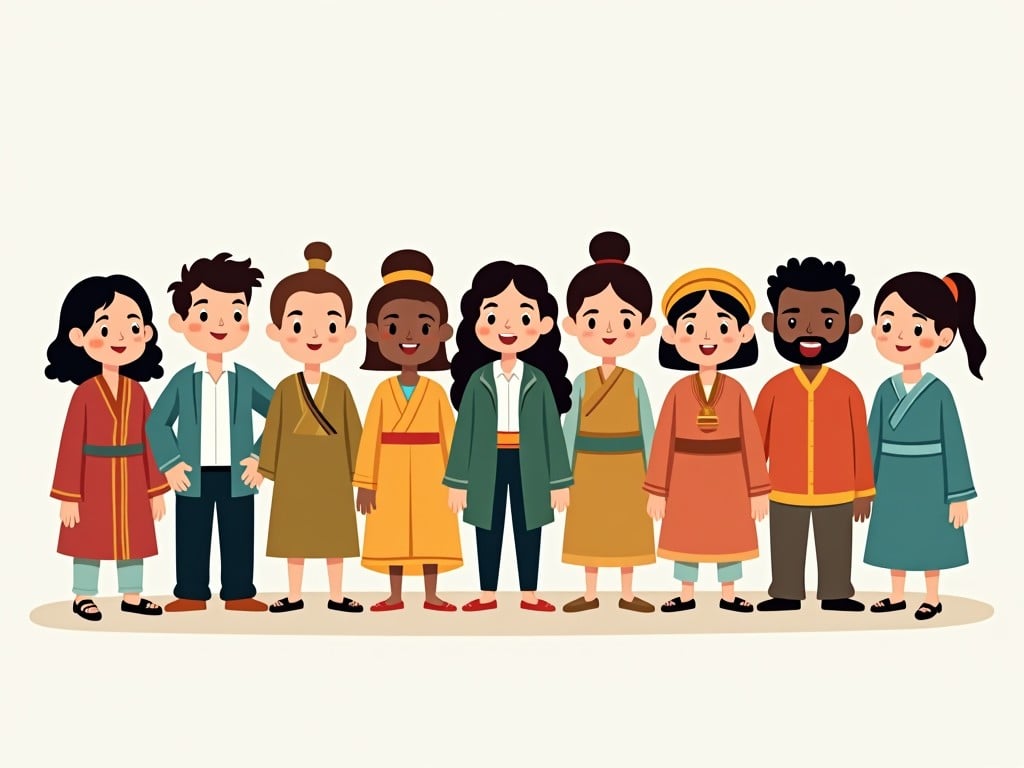 A group of eight diverse cartoon characters standing in a line. They are drawn in a flat, simplistic style with vivid colors. Each character is unique, wearing different clothing, including traditional and modern attire. Some are wearing formal clothes, while others have cultural garments, adding a touch of tradition. They all have friendly expressions, embodying a sense of community and teamwork.