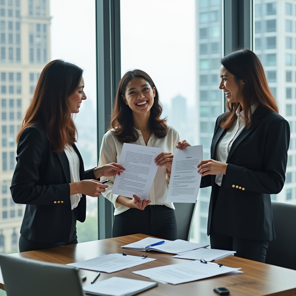 Three women in business attire happily engage in a discussion, holding documents in a brightly lit office with city views.