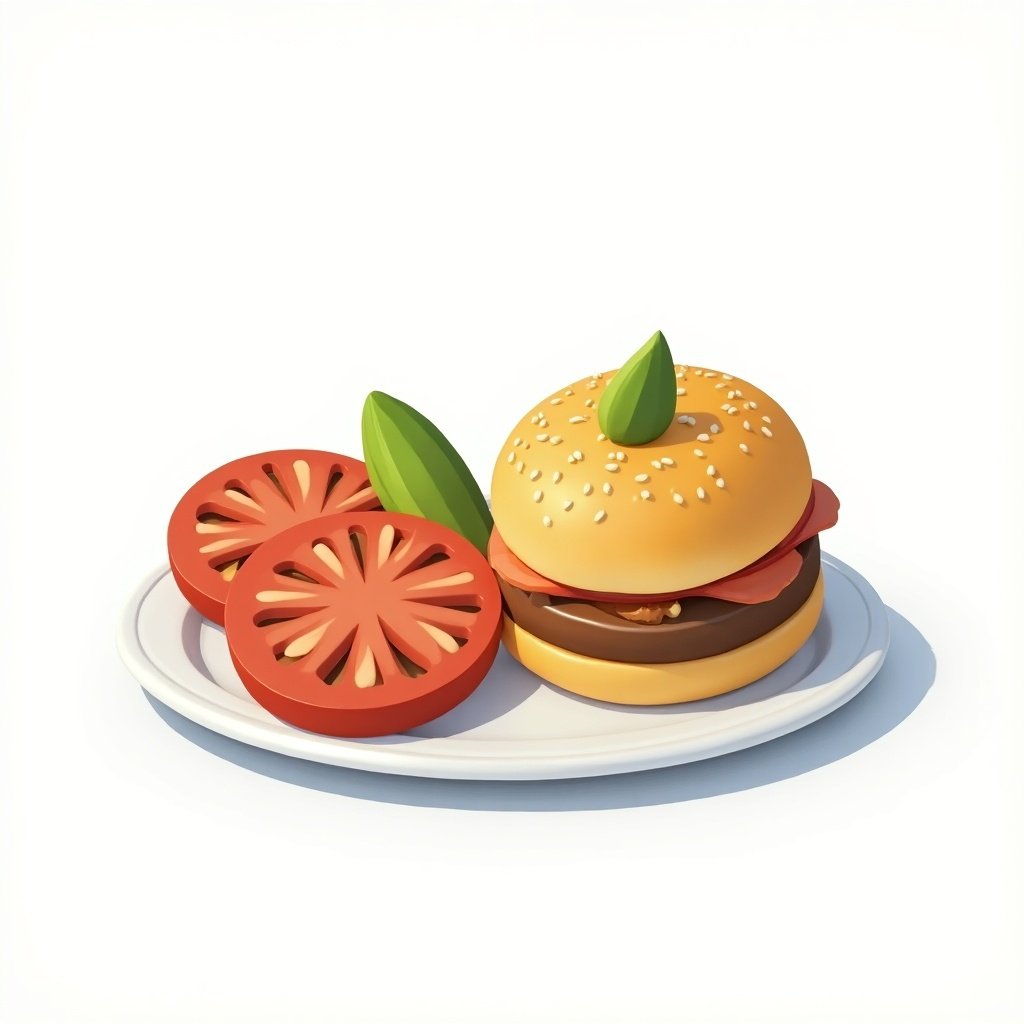 This image features a 3D illustration of a hamburger and tomato slices on a plate. The hamburger has a golden bun with sesame seeds and green leaves on top. It also includes some layers of meat and other colorful ingredients. Next to the burger are two thick slices of red tomatoes, aesthetically arranged. The entire presentation is bright and visually appealing, perfect for food-related applications or advertising. The simplistic and playful design makes it suitable for digital platforms.