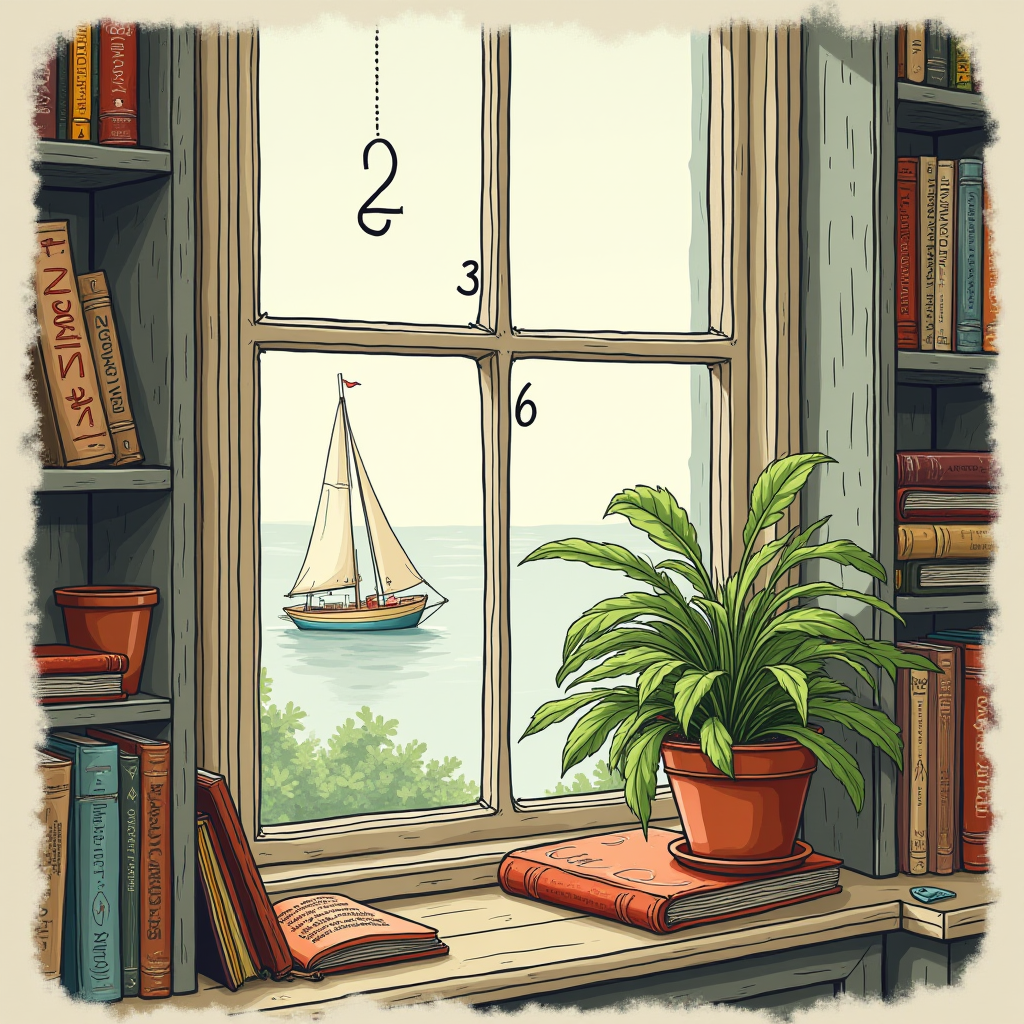 The image depicts a cozy library scene featuring a large window overlooking a picturesque view of a sailboat on a calm body of water, surrounded by distant greenery. The wooden window frame divides the scene with numbers artistically placed, enhancing the whimsical feel. Inside, the foreground displays a collection of books, some stacked and some upright, on a wooden shelf. A potted plant sits on top of a closed book, adding a touch of nature to the indoor setting. The warm, inviting color palette complements the peaceful and intellectual atmosphere of the room.