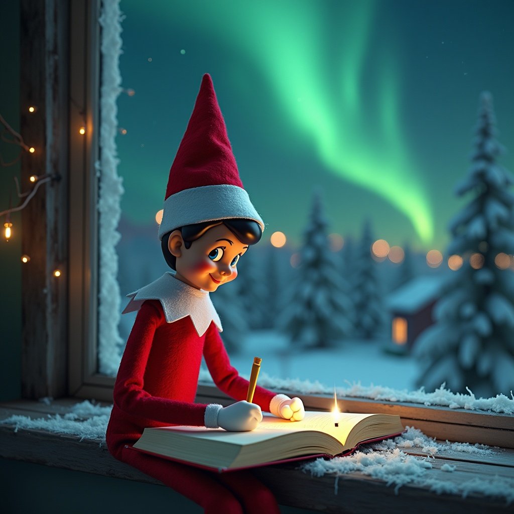 This image features a charming elf on the shelf, sitting by a window and writing in a book. The elf, dressed in classic red and white, has a cheerful expression and is focused on his writing. Outside the window, the captivating northern lights illuminate the snowy landscape, creating a magical ambiance. Soft light fills the room, enhancing the cozy atmosphere. This scene beautifully captures the spirit of Christmas and the tradition of Elf on the Shelf, inviting viewers into a winter wonderland filled with joy and imagination.