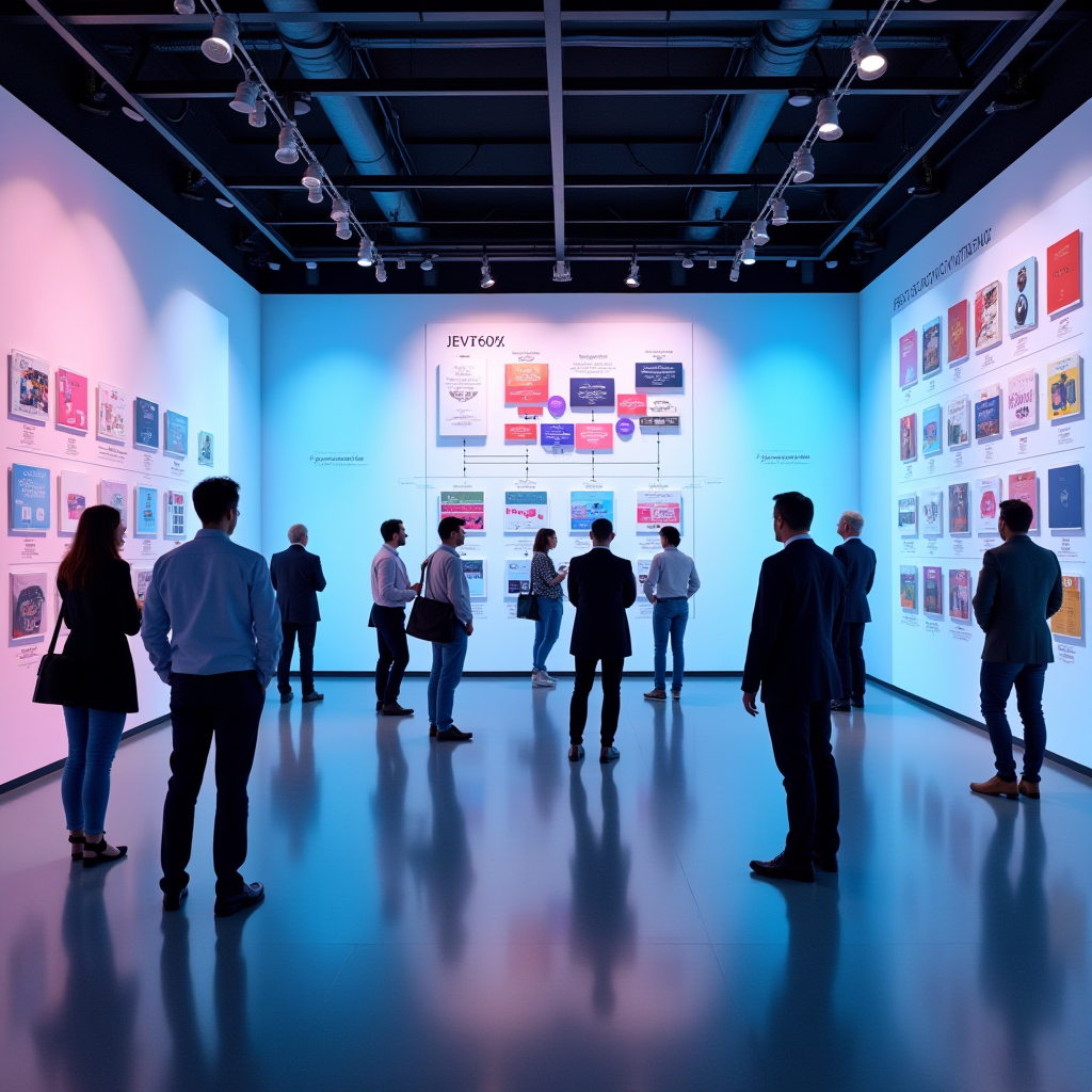 People observe informational displays in a modern exhibition space.