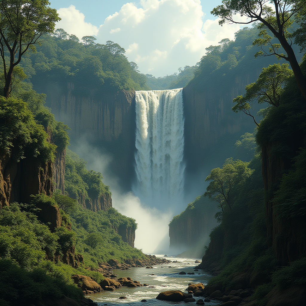 A tall, powerful waterfall cascades between lush green cliffs under a bright blue sky with fluffy clouds.