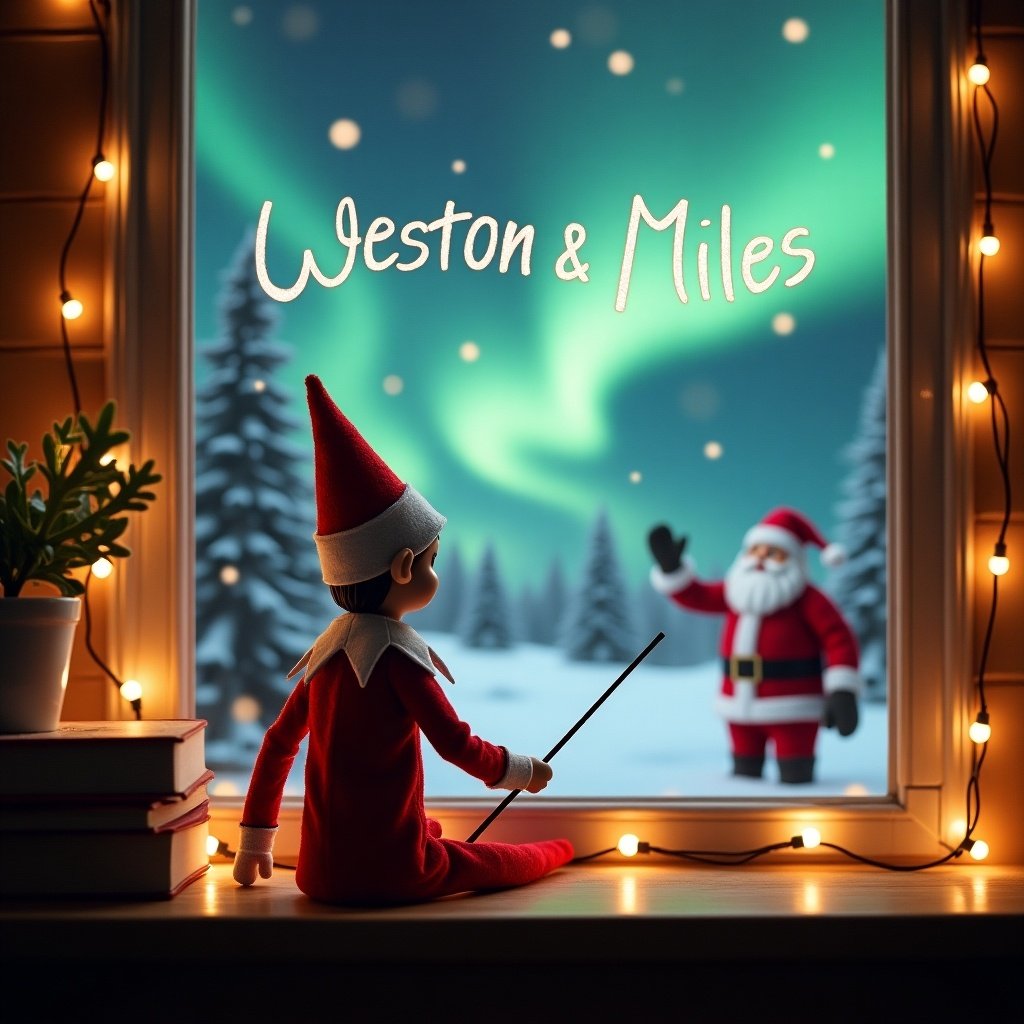 The image depicts a cozy Christmas scene featuring an elf on the shelf. The elf is seated with his back facing the viewer, holding a wand and inscribing 'Weston & Miles' in the sky. Through the window, a magical snowy landscape filled with northern lights is visible, with Santa Claus waving in the background. The ambiance is enhanced by warm string lights, creating a festive glow. The elf dons a traditional red outfit and hat, embodying the joyful spirit of the holiday. This enchanting depiction celebrates the wonder of Christmas and childhood imagination.