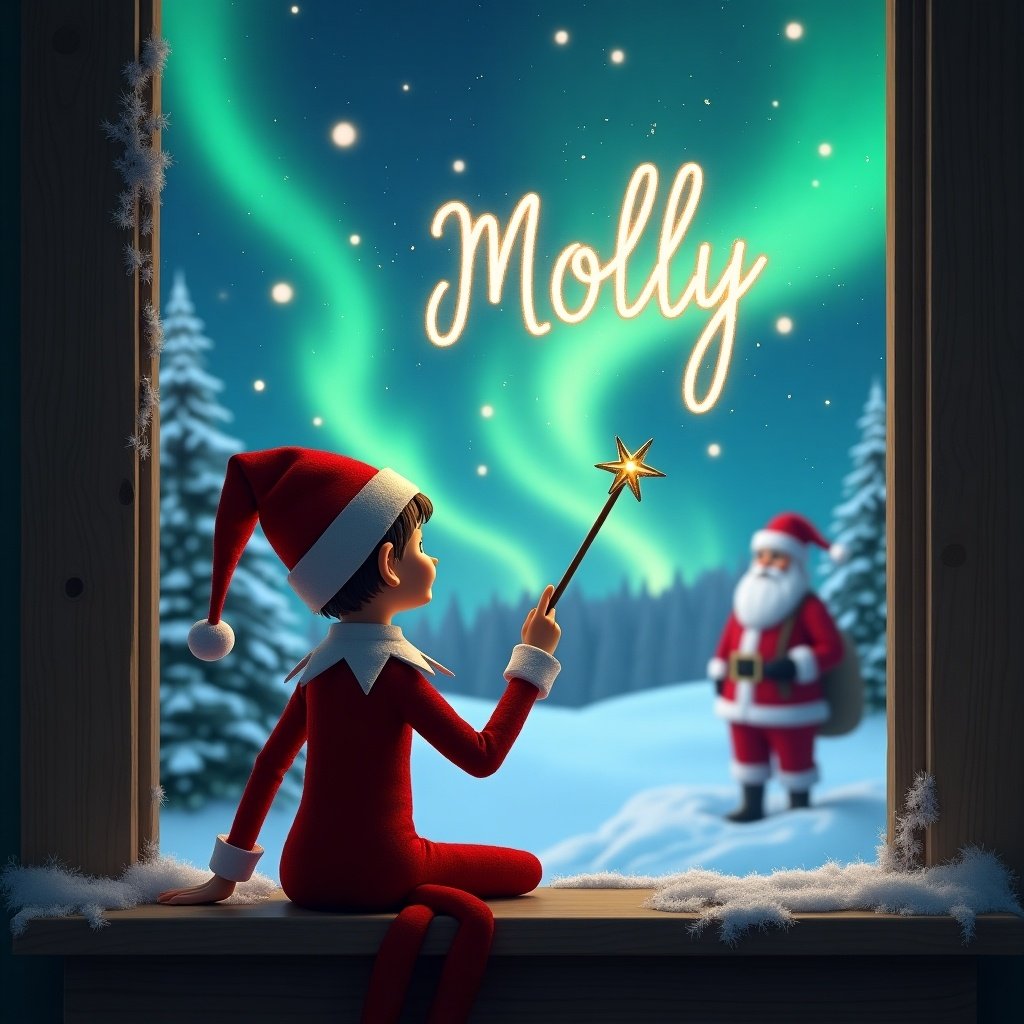 In a magical winter setting, an elf on a shelf sits with his back to the viewer, gazing out of a window. He holds a wand that emits a glowing star to write 'Molly' in the night sky. The backdrop features enchanting northern lights illuminating the snowy landscape. In the distance, Santa Claus stands in his traditional outfit, adding to the festive atmosphere. This scene captures the essence of childhood wonder and holiday magic, making it perfect for Christmas-themed content.