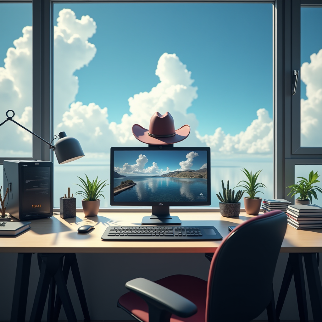 The image depicts a modern, neatly arranged office desk with a scenic view through a large window. The desk is equipped with a computer setup, including a monitor displaying a serene landscape with mountains and a lake. Resting atop the monitor is a cowboy hat, adding a whimsical touch to the scene. The workspace is flanked by several potted plants, contributing to a vibrant and natural ambiance. A sleek desk lamp and a stack of books or notebooks are also visible, suggesting a productive environment. The skies outside are clear, filled with fluffy white clouds, enhancing the overall tranquil and inspiring atmosphere in the room.