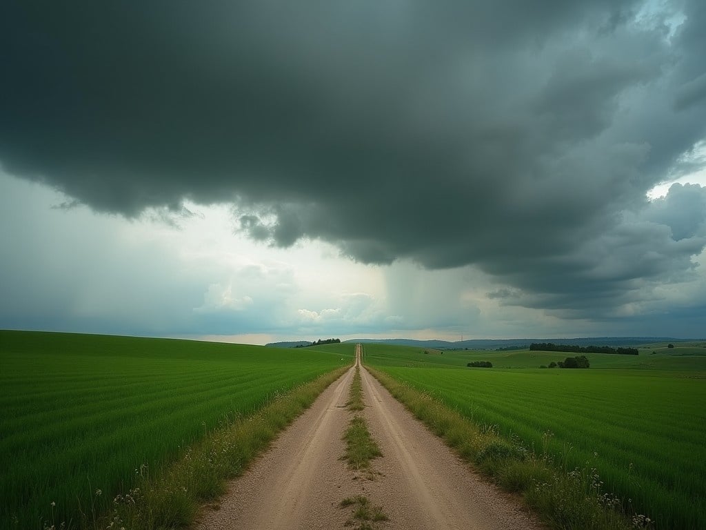 A dirt road stretches through lush green fields beneath a dramatic sky filled with dark swirling clouds. The scene conveys a sense of tranquility mixed with anticipation of a storm. The road leads the viewer's eye toward the horizon, suggesting a journey or adventure ahead. The vivid greens of the fields contrast with the ominous gray of the clouds. This image captures a moment in nature where beauty meets the potential for change.