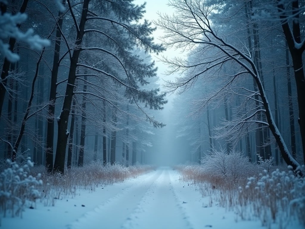 This image captures a serene winter landscape deep within a dark forest. Snow blankets the ground, creating a soft, white path that draws the viewer's eye. Tall trees stand on either side, their branches dusted with snow. A soft, diffused light permeates the atmosphere, adding a calm and tranquil feel. The overall ambiance evokes a sense of mystery and peacefulness, perfect for winter-themed visuals.