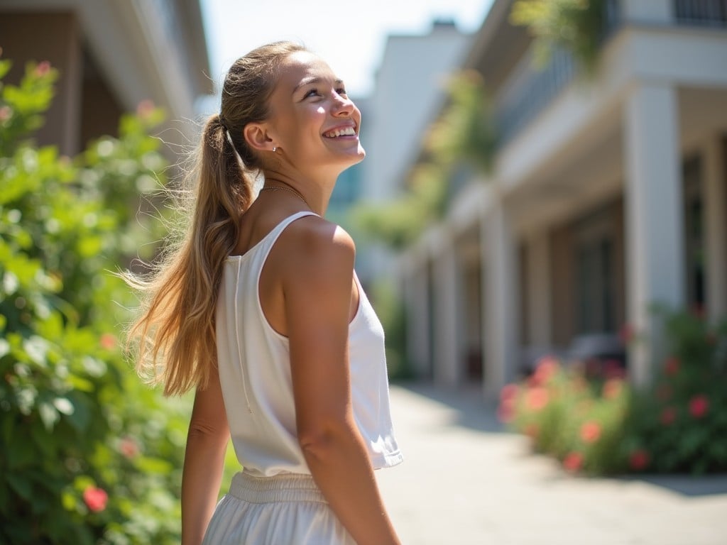 The image features a young girl with long, flowing hair tied in a ponytail. She is smiling softly as she looks back over her shoulder. The girl is dressed in a white two-piece outfit, showcasing a fresh and vibrant style. The backdrop presents an urban environment adorned with greenery, creating a relaxed summer atmosphere. The lighting is bright and natural, enhancing the cheerful vibe of the scene.