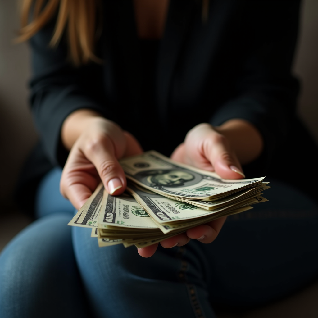 A person sitting holds a stack of hundred-dollar bills, suggesting financial abundance.