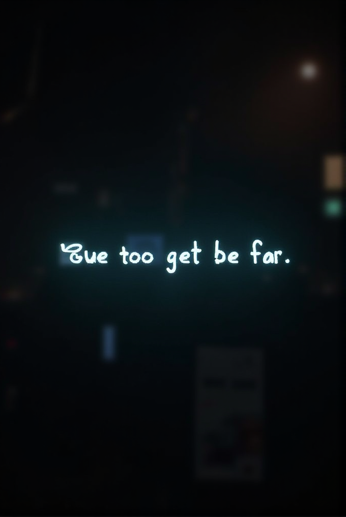 An illuminated text reads 'Due too get be far.' against a dark background.