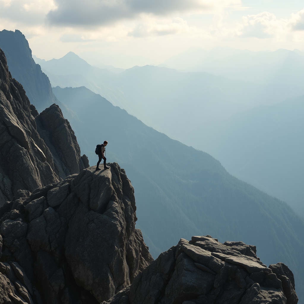 A lone hiker stands atop a rugged mountain peak with expansive, hazy mountains in the background.