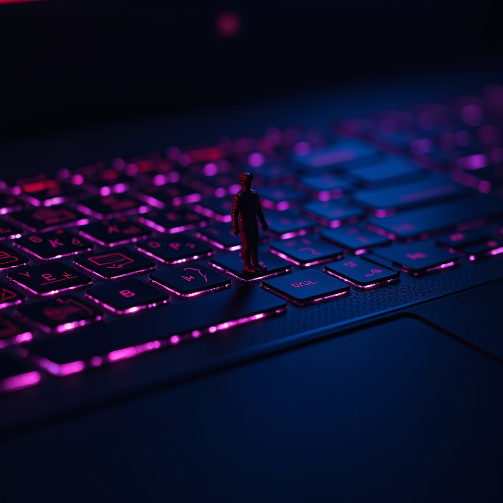 A small figurine standing on a backlit keyboard under purple lighting.