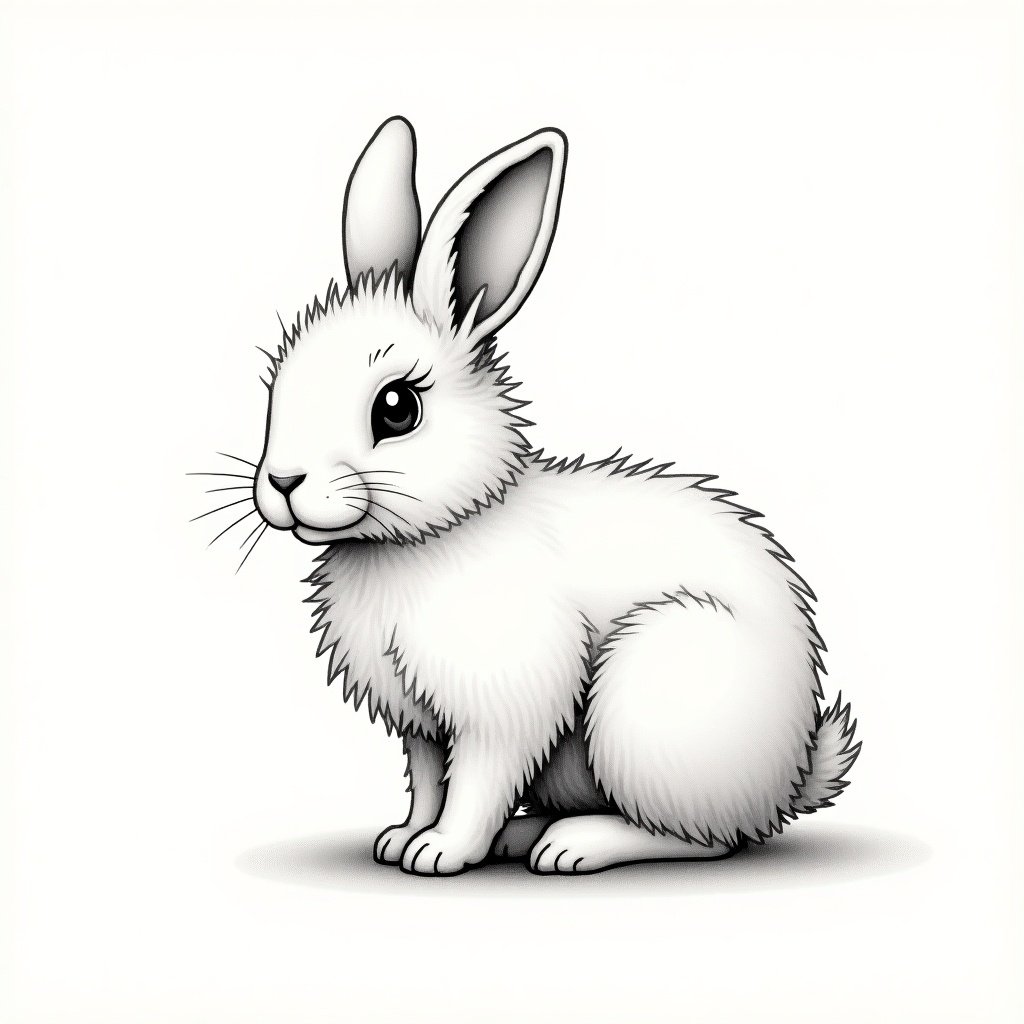 This image features a darling monoline drawing of a lionhead breed rabbit. The rabbit is depicted in a cute and cartoonish style, showcasing its fluffy fur and distinctive lionhead features. Its ears are perked up, giving it a lively expression. The overall composition is simple, focusing on the rabbit against a plain white background. This artwork is perfect for children's books, pet-related products, or as a standalone art piece.