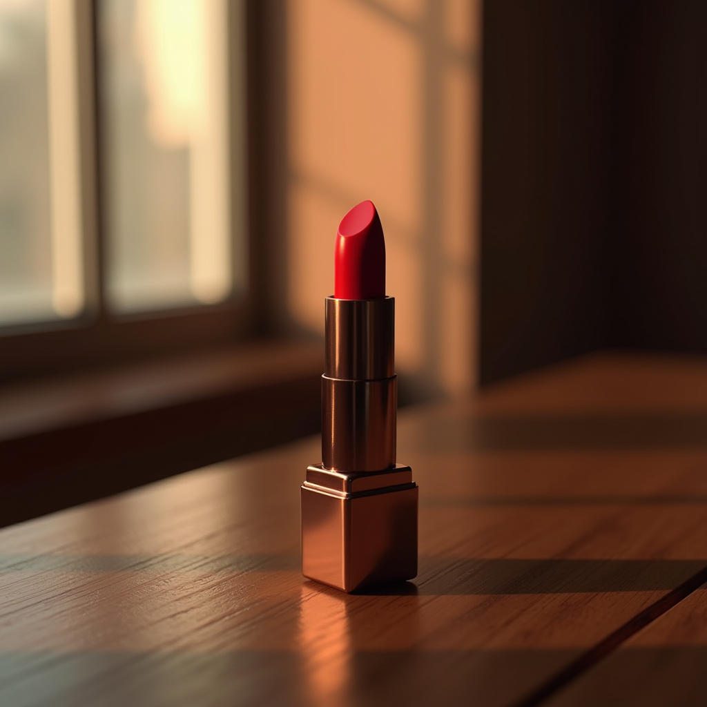 A red lipstick elegantly placed on a wooden table, illuminated by warm sunlight.